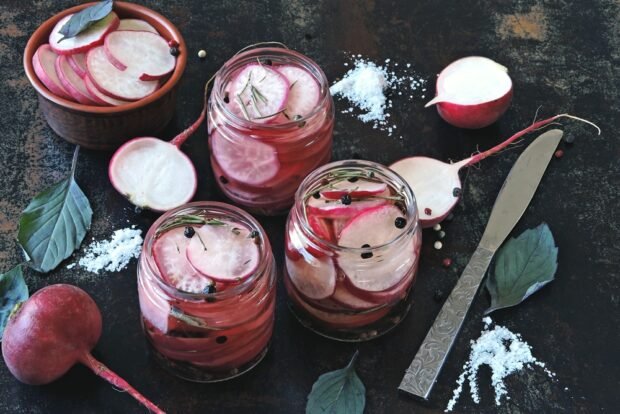 Pickled radish with basil and rosemary